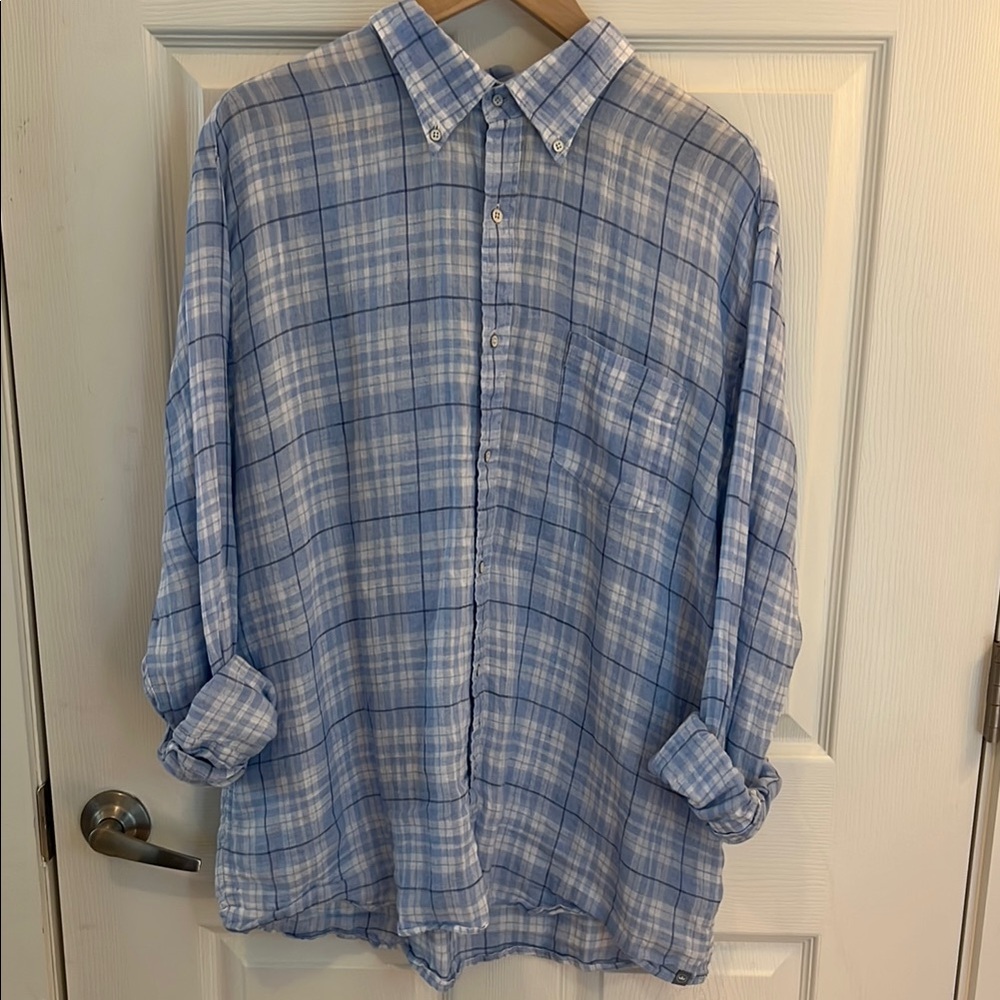 Peter Millar Light Blue Linen Plaid Casual Shirt
